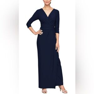 Alex Evenings Surplice Contour Column Gown Navy Blue Size 6 Maxi Dress NEW
